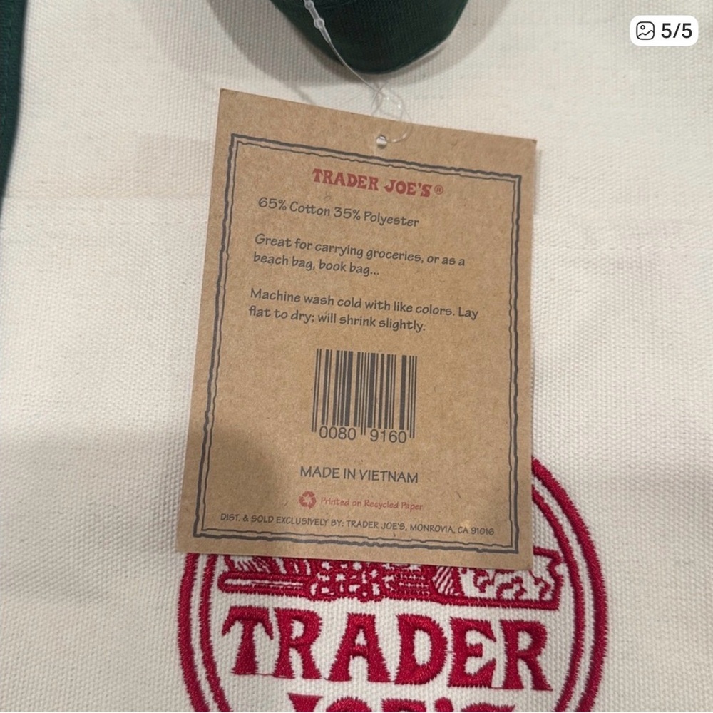 Trader Joe's Everyday Mini Canvas Tote Bag in Navy/Cream • NEW WITH TAGS - Picture 4 of 6